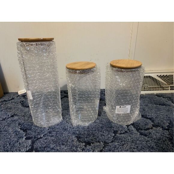 Brand New Set of 3 Clear Glass Kitchen Storage Jars With Wooden Lids 11" & 8" - Picture 1 of 5